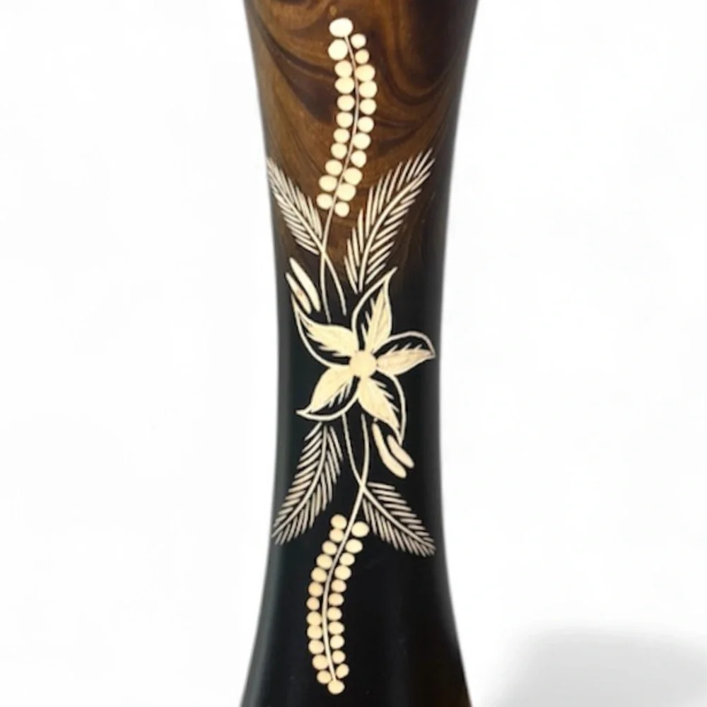 Thailand Art Hand Carved Tropical Flower Cylindrical Mango Wood Vase, [14-inch]